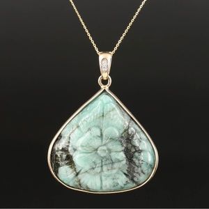 14K Yellow Gold Carved Variscite & Diamond Flower Pendant Necklace